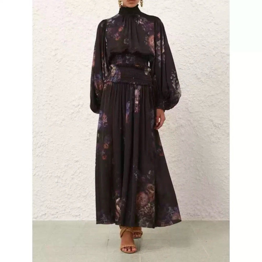 Designer Floral Long Sleeve Two-piece Blouse and Skirt Dress Set